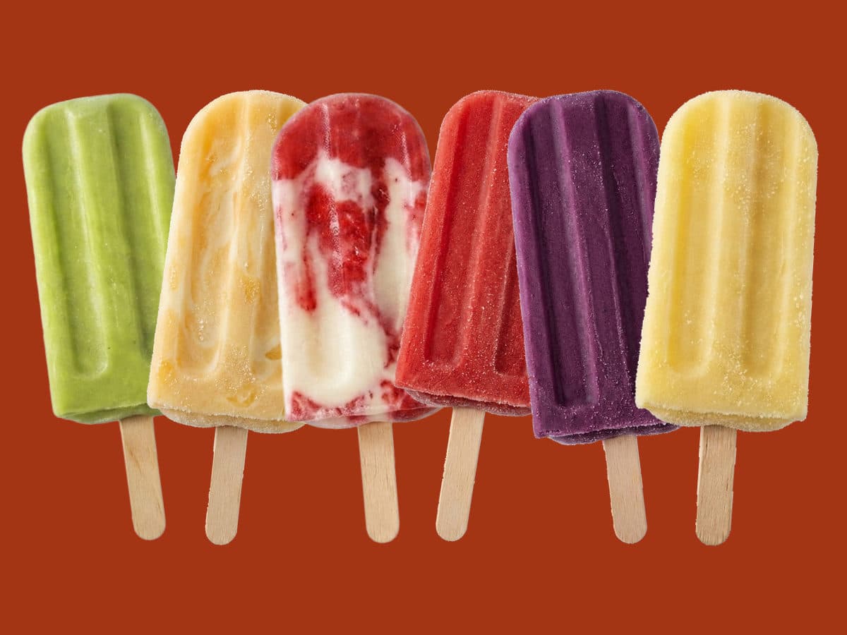 Rimlawi popsicles in a row: avocado, ashta with mango and honey, ashta and strawberry, strawberry, mulberry and lemon